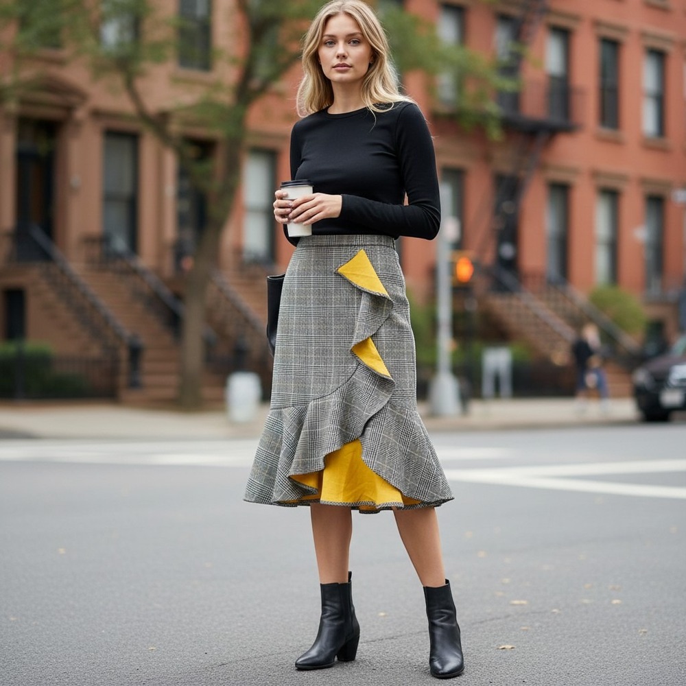 New York & Company Plaid Ruffle Mermaid Skirt Womens 14 Grey Yellow Midi Flounce